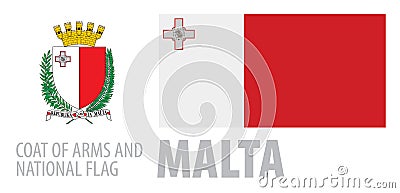 Vector set of the coat of arms and national flag of Malta Vector Illustration