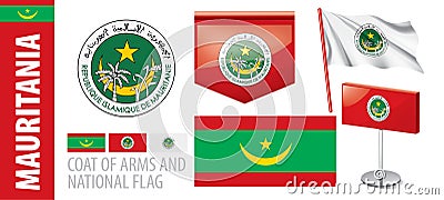 Vector set of the coat of arms and national flag of Mauritania Vector Illustration