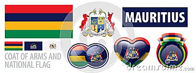 Vector set of the coat of arms and national flag of Mauritius Vector Illustration