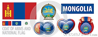 Vector set of the coat of arms and national flag of Mongolia Vector Illustration