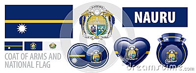 Vector set of the coat of arms and national flag of Nauru Vector Illustration