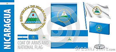 Vector set of the coat of arms and national flag of Nicaragua Vector Illustration