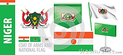 Vector set of the coat of arms and national flag of Niger Vector Illustration