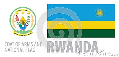 Vector set of the coat of arms and national flag of Rwanda Vector Illustration