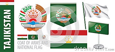 Vector set of the coat of arms and national flag of Tajikistan Vector Illustration