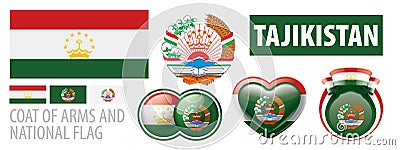 Vector set of the coat of arms and national flag of Tajikistan Vector Illustration