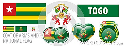 Vector set of the coat of arms and national flag of Togo Vector Illustration