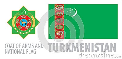 Vector set of the coat of arms and national flag of Turkmenistan Vector Illustration
