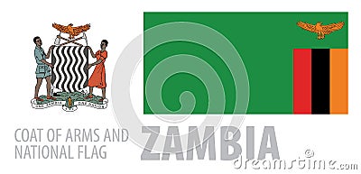 Vector set of the coat of arms and national flag of Zambia Vector Illustration