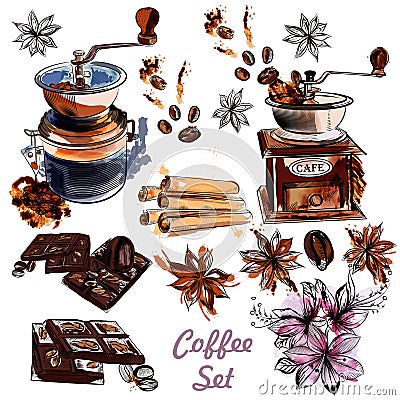 Vector set with coffee grinder anis stars and roasted beans in Stock Photo