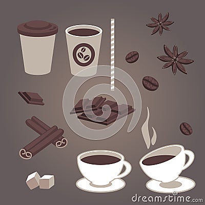 Vector set of coffee items, coffee cups, pieces of chocolate, star anise, coffee beans, cinnamon, hot and cold drinks Vector Illustration