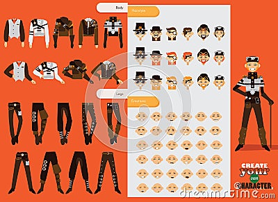 Vector set collection for creation male steampunk character. Young man with various emotion, clothes style and accessories Stock Photo