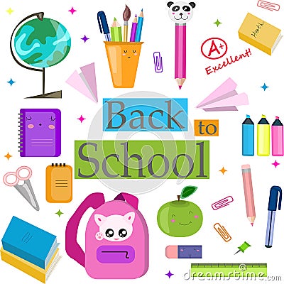 Vector set, collection, illustration with school supplies. Back to School. Vector Illustration