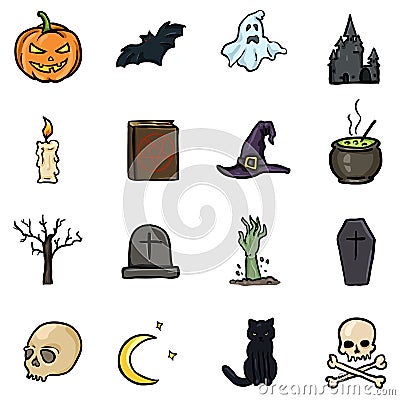 Vector Set of Color Doodle Halloween Icons. Traditional Halloweens Attributes. Vector Illustration