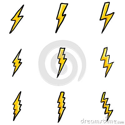 Vector Set of Color Doodle Thunder Lighting Icons Vector Illustration
