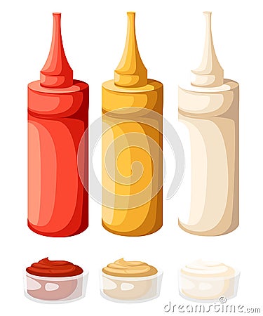 Vector Set of Color Fast Food Plastic Bottles. Ketchup, Mayo, Mustard. Vector illustration isolated on white. Cartoon Illustration