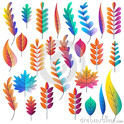 Vector set of color gradients autumn leaves. Fantasy plants icons and design elements. Fall cartoon illustration Vector Illustration
