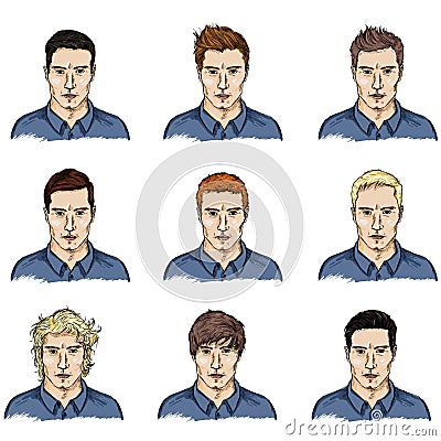 Vector Set of Color Sketch Male Faces Vector Illustration