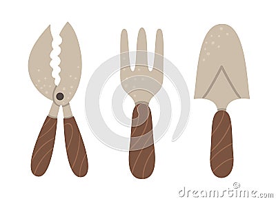 Vector set of colored garden tools. Collection of gardening equipment. Flat spring illustration of little spade, hand fork, Vector Illustration