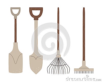 Vector set of colored garden tools. Collection of gardening equipment. Flat spring illustration of spade, shovel, rakes isolated Vector Illustration