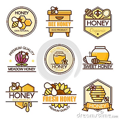 Vector set of colored honey labels, bee badges and design elements. Apiary logo template. Outline flat consept style Vector Illustration