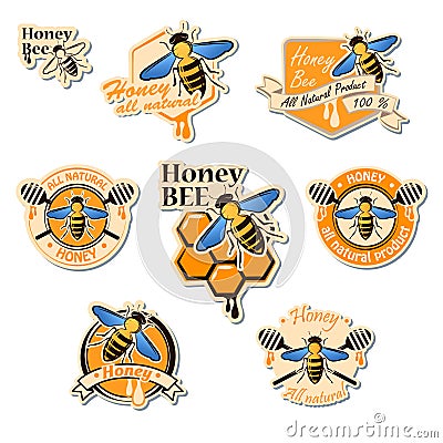 Vector set of colored honey logos, labels, badges and design ele Vector Illustration