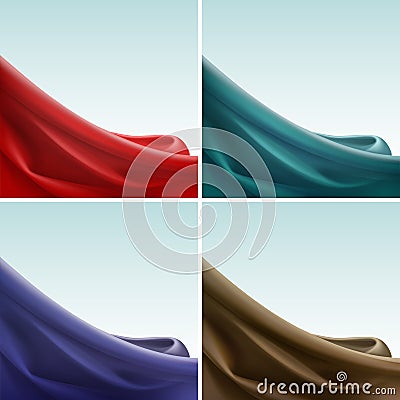 Vector Set of Colored Satin Silky Cloth Fabric Textile Drape with Crease Wavy Folds. Abstract Background Vector Illustration