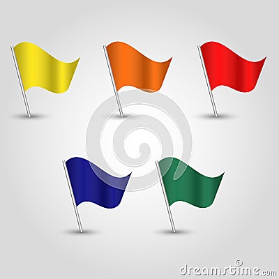 Vector set of waving flags on silver pole - yellow, orange, red, blue, green Vector Illustration