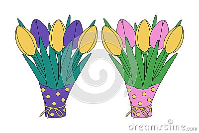 Vector set of 2 colorful bouquet of tulips in wrapping paper in trendy shades of purple and yellow Vector Illustration