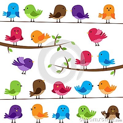 Vector Set of Colorful Cartoon Birds Vector Illustration