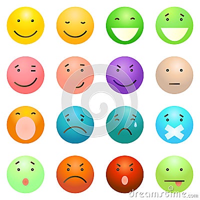 Vector Set of 16 Colorful Emoticons Vector Illustration