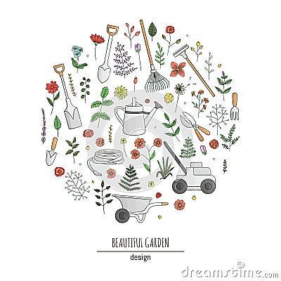 Vector set of colorful garden tools, flowers, herbs, plants. Collection of spade, shovel, rakes, Vector Illustration