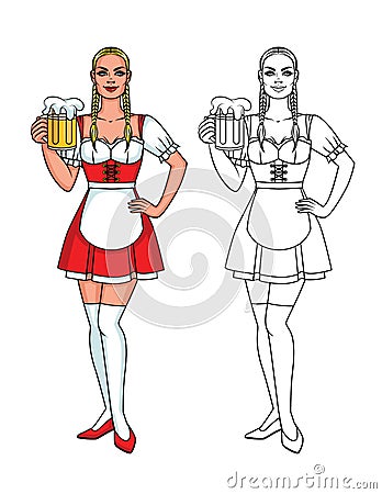 Vector set of colorful and line illustration of a pretty cute waitress with a mug of bear. Vector Illustration