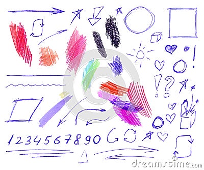 Vector Set of Colorful Pen and Pencil Doodling Drawings Isolated, Hand Drawn Illustration. Vector Illustration