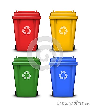 Vector set of colorful trash bins with recycle symbol isolated on white background Vector Illustration