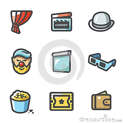 Vector Set of Comedy Cinema Icons. Curtain, Movie Clapper, Bowler, Jester, Screen, 3D Glasses, Popcorn, Ticket, Wallet. Vector Illustration