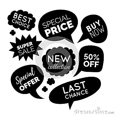 Vector set of comic speech bubbles with sale phrases. Discount card collection, Buy Now, Special Offer, Best Choice etc. Vector Illustration