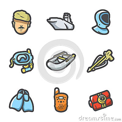 Vector Set of Commandos Icons. Soldier, Ship, Wetsuit, Underwater Mask, Boat, Harpoon, Flippers, Radio, Dynamite. Vector Illustration