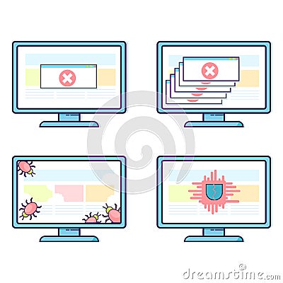 Vector set of computers with different security problems: viruses, fatal crashes, trojans. Vector Illustration