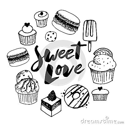 Vector set confectionery and sweets icons. Dessert, lollipop, ice cream with candies, macaron and pudding. Donut and cotton candy Stock Photo