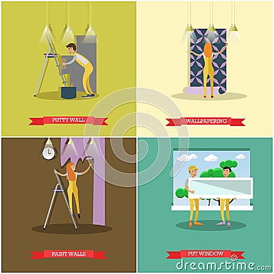 Vector set of construction and repairing house concept posters Vector Illustration