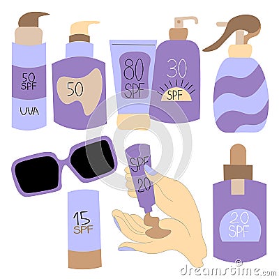 Vector set of containers for sunscreens, lotions and oils with various spf numbers. collection of tubes of suntan lotion. Skin Vector Illustration