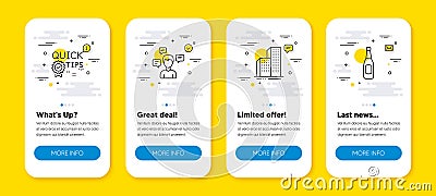 Vector set of Conversation messages, Quick tips and Skyscraper buildings line icons set. Vector Vector Illustration