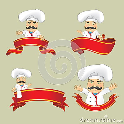 Vector set of cooks in different positions. Cartoon chefs cooking and holding tray with food Vector Illustration