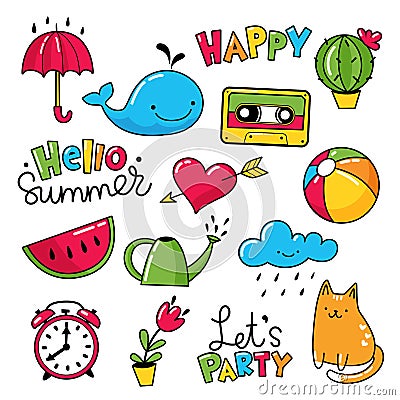 Vector set of cool stickers, patches with and summer symbols. Vector Illustration