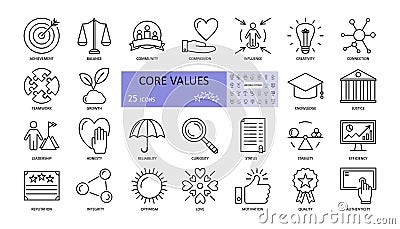 Vector set of core values icons with editable stroke Vector Illustration