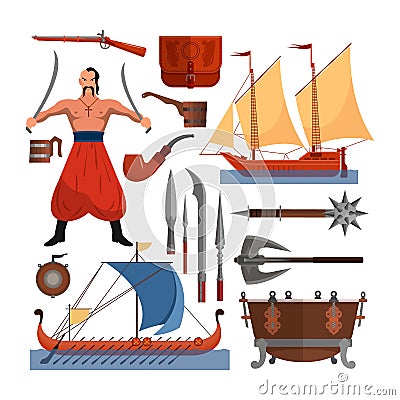 Vector set of Cossacks objects, icons and design elements in flat style. Cossack man, weapons, boats, drum Vector Illustration