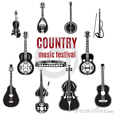 Vector set of country music instruments, black and white flat design. Vector Illustration