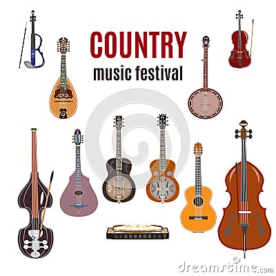 Vector set of country music instruments, flat design. Vector Illustration