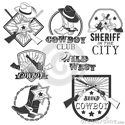 Vector set of cowboy labels in vintage style. Wild west, sheriff, american rodeo. Design elements, icons. Vector Illustration